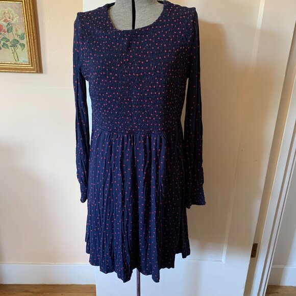 BODEN Lena Dress sz 12 Navy & Red Polka Dot Smocked Bodice Long Sleeve Knit - Picture 2 of 7